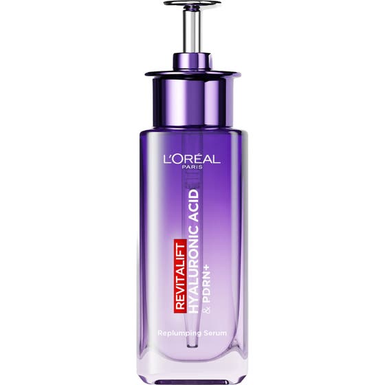 L'Oréal Paris Revitalift Hyaluronic Acid + Peptide Replumping Serum 30ml i lila tonad glasflaska med metallisk kork.