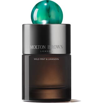 Molton Brown Wild Mint & Lavandin Eau de Parfum 100 ml fräsch parfym i mörkbrun glasflaska med grön mönstrad glaskula