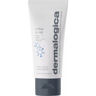 Dermalogica Active Moist aktiv fuktkräm ansikte som ger fukt i en vit tub med grått lock och blå grafik