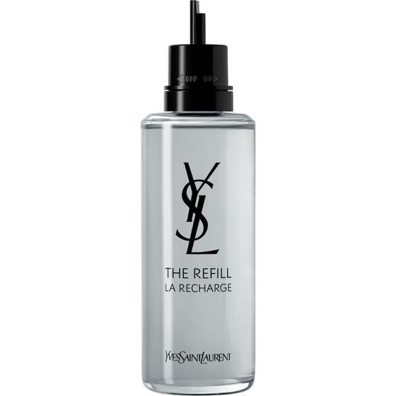 Yves Saint Laurent MYSLF Eau de Parfum 150 ml herr parfym refill flaska i en cylindrisk glasflaska med svart munstycke