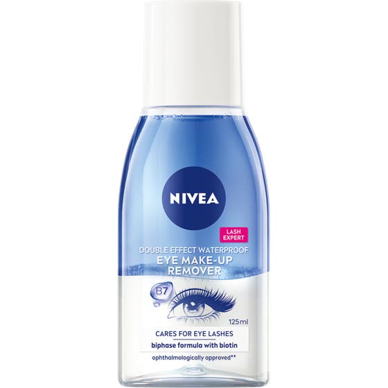 Nivea Double Effect Waterproof Eye Make-up Remover 125 ml ögonrengöring dubbel effekt i flaska med blå tvåfasformel.