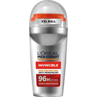 L'Oréal Men Expert Invincible 50ml antiperspirant mot svett i silverfärgad flaska med orange kula och genomskinligt lock.