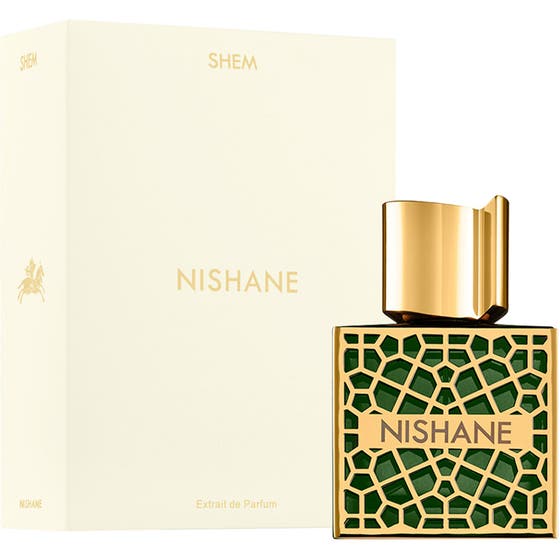 Nishane Shem 50 ml exklusiv niche parfym i mönstrad grön flaska med guldlock och vit ytterkartong