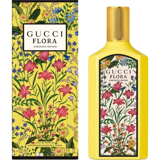 Gucci Flora Gorgeous Orchid 100 ml gucci damparfym i gul flaska och matchande blommig ytterkartong