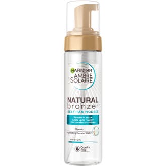 Garnier Ambre Solaire Natural Bronzer återfuktande brun utan sol mousse djurfri selftan i klar flaska med guldpump