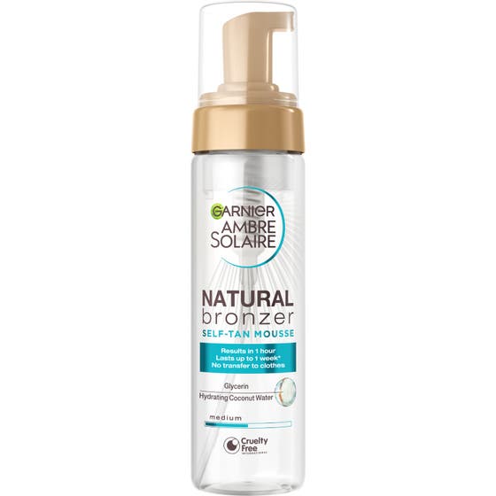 Garnier Ambre Solaire Natural Bronzer återfuktande brun utan sol mousse djurfri selftan i klar flaska med guldpump