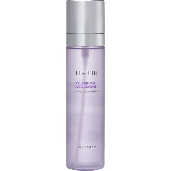 Tirtir Collagen Core Glow Essence 120 ml ger hudglöd i en frostad lila flaska med stilrent silverlock.