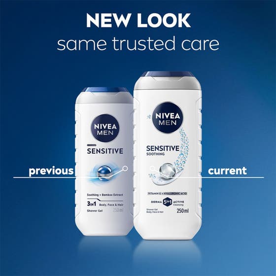 NIVEA MEN Shower Gel Sensitive 250 ml duschtvål med vitt lödder och texten pH skin neutral för skonsam rengöring
