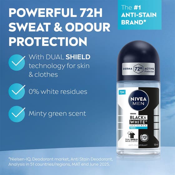 NIVEA Black & White Fresh Roll On 50 ml antiperspirant herr med fläckskydd och x5 skydd i glasflaska mot irritation