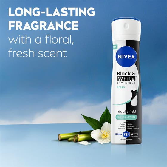 NIVEA Black & White Fresh Spray 150 ml deodorant visar skydd mot gula fläckar och vita märken på svarta och vita kläder