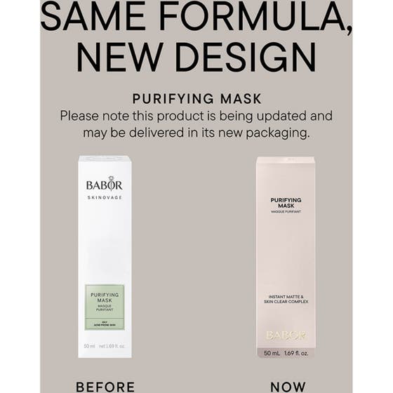 Babor Purifying Mask 50 ml djuprengörande ansiktsmask i vit tub med matchande hudvård på vita podier