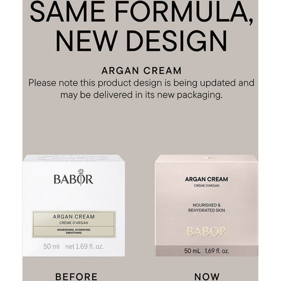 Babor Argan Cream 50 ml naturlig återfuktande ansiktskräm intill en mjuk rosa blomma för en lyxig känsla