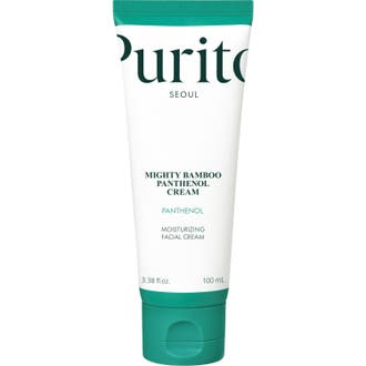 Purito Seoul Mighty Bamboo Panthenol Cream 100 ml stärker hudbarriären i en vit tub med mörkgrönt lock