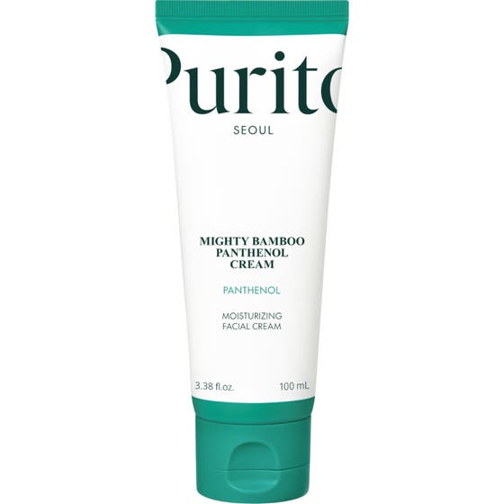 Purito Seoul Mighty Bamboo Panthenol Cream 100 ml stärker hudbarriären i en vit tub med mörkgrönt lock