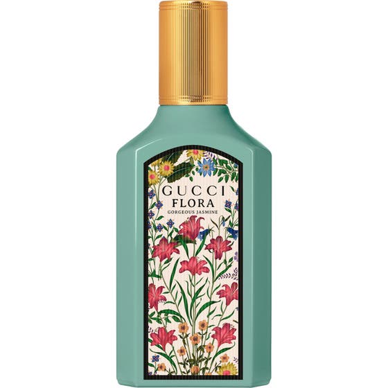 Gucci Flora Gorgeous Jasmine Eau de Parfum 50 ml parfym jasmin i turkos glasflaska med blommönster och guldkork