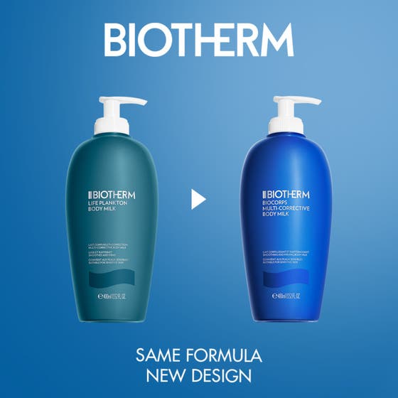 Biotherm Biocorps Body Milk 400 ml fast-stärkande kroppslotion för torr hud med krämig vit textur bredvid blå flaska.