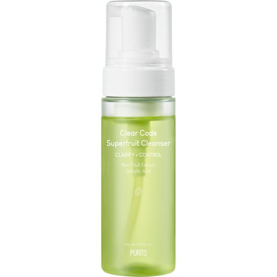 Purito Clear Code Superfruit Cleanser 150 ml ansiktsrengöring med fruktextrakt för fet hy i grön flaska med pump.