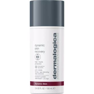 Dermalogica Dynamic Skin Recovery 100 ml fasthetsgivande dagkräm med SPF 50 i vit flaska med grått lock och vinröd rand