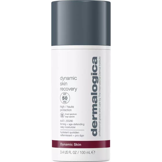 Dermalogica Dynamic Skin Recovery 100 ml fasthetsgivande dagkräm med SPF 50 i vit flaska med grått lock och vinröd rand