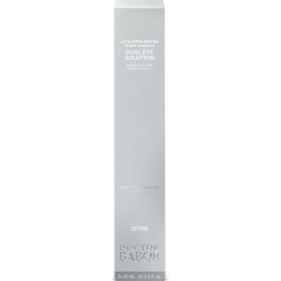 Babor Dual Eye Solution 30 ml peptid ögonkräm i en ljusgrå ytterförpackning som ger en lyftande effekt.