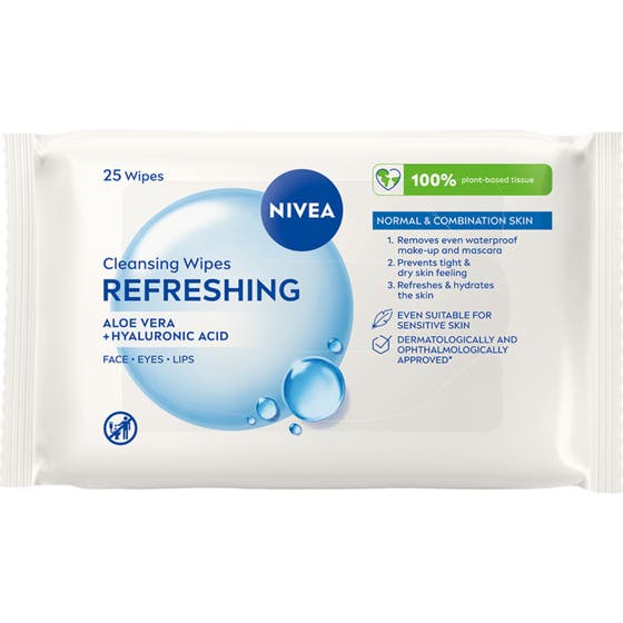 Nivea Refreshing Cleansing Wipes 25 st plantbaserade ansiktsservetter 3-i-1 i vit förpackning med blå vattenbubblor.
