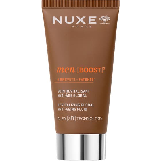 Nuxe Men Boost Revitalizing Global Anti-Aging Fluid 50ml ger huden ny energi i en brun tub med silverlock.