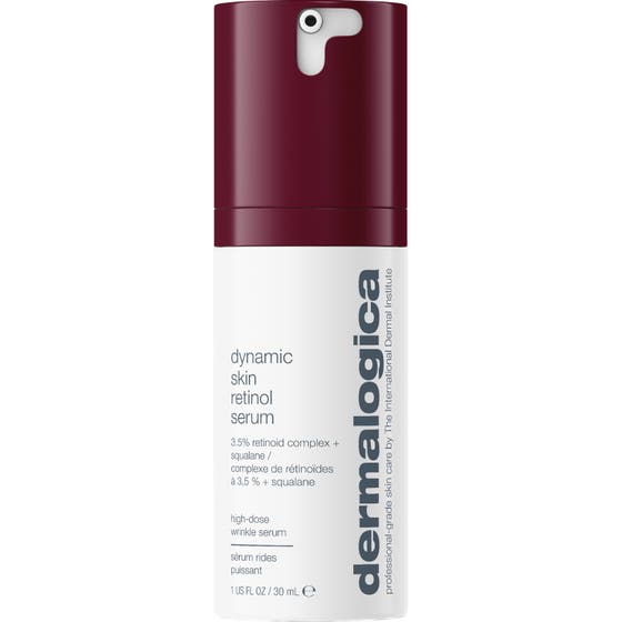 Dermalogica Dynamic Skin Retinol Serum 30 ml rynkserum för mogen hud i vit pumpflaska med vinrött lock.