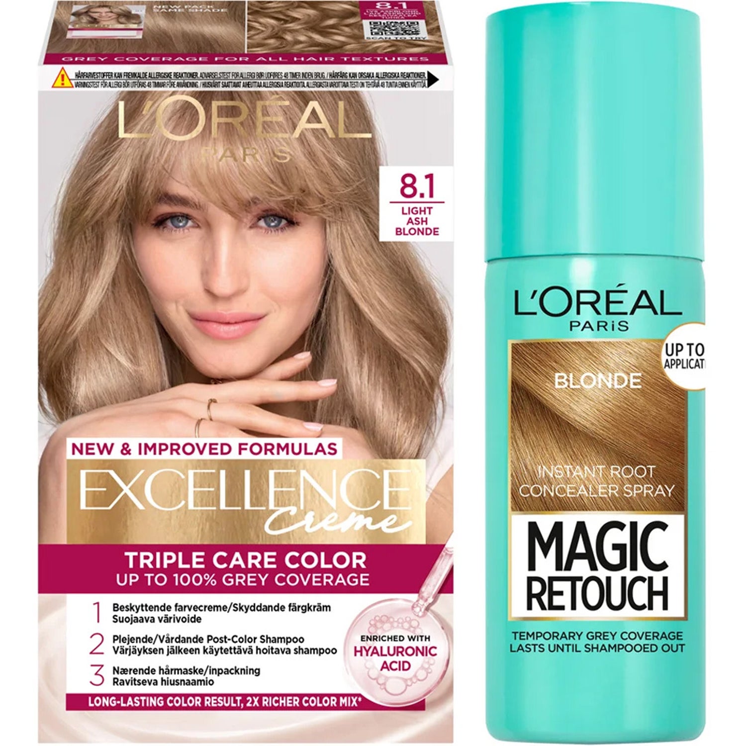 L'Oréal Paris Excellence 8.1 Light Ash Blonde + Magic Retouch Roots 5 Blonde