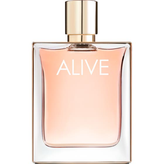 Hugo Boss Boss Alive Eau de Parfum 80ml i en elegant glasflaska med persikofärgad vätska och guldkork