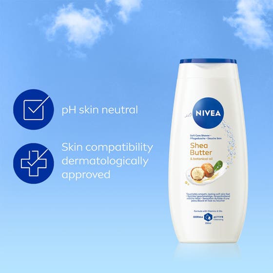 NIVEA Shea Butter & Botanical Oil Care Shower 250 ml mjukgörande duschtvål vit flaska omgiven av sheanötter och blad.