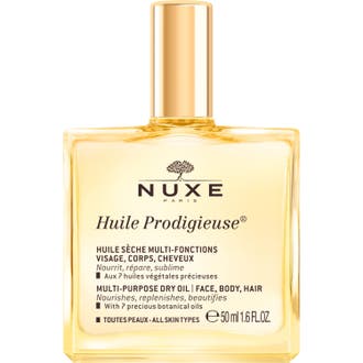 Nuxe Huile Prodigieuse 50 ml ansiktsolja torr hud anti-aging i en fyrkantig glasflaska med glänsande guldkork