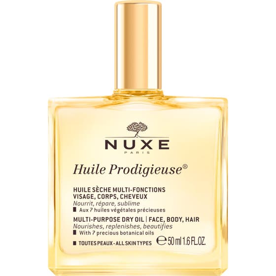 Nuxe Huile Prodigieuse 50 ml ansiktsolja torr hud anti-aging i en fyrkantig glasflaska med glänsande guldkork