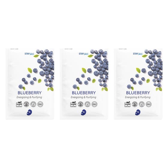 Stay Well Blueberry Energizing & Purifying 3-pack koreansk hudvård sheet mask med motiv av färska blåbär.