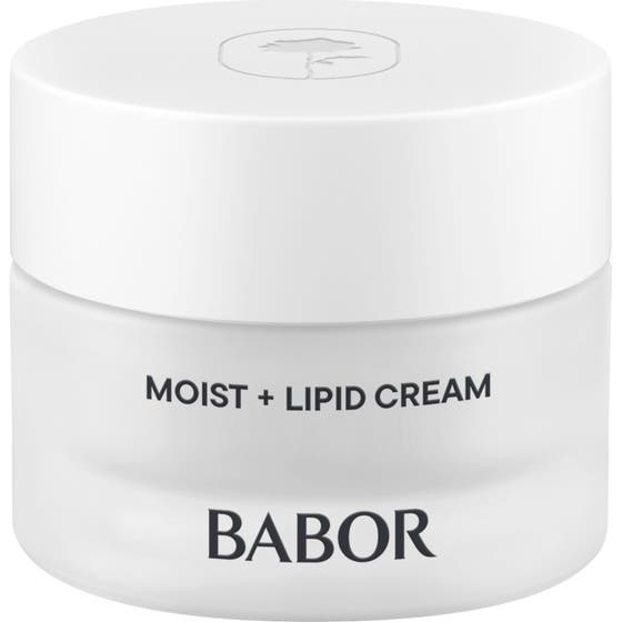 Babor Skinovage Moist + Lipid Cream skinovage återfuktande ansiktskräm och lipidkräm i burk av frostat glas med vitt lock.