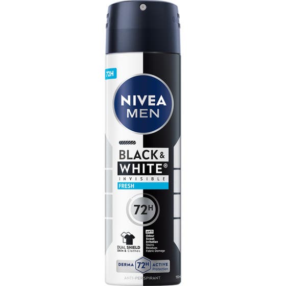 Nivea Men Black & White Invisible Fresh 150 ml herr deodorant spray 72 timmar ger anti-fläck skydd i svartvit sprayflaska.