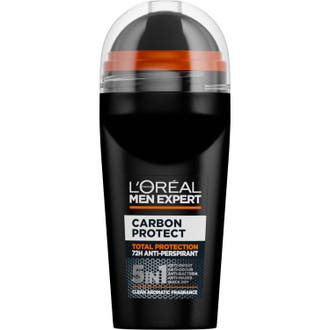 L'Oréal Men Expert Carbon Protect 50ml alkoholfri deodorant 48h skydd i en svart flaska med orange detalj.