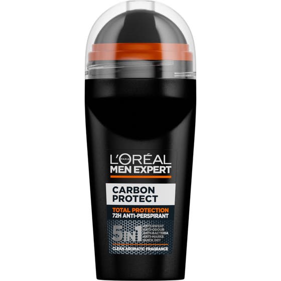L'Oréal Men Expert Carbon Protect 50ml alkoholfri deodorant 48h skydd i en svart flaska med orange detalj.