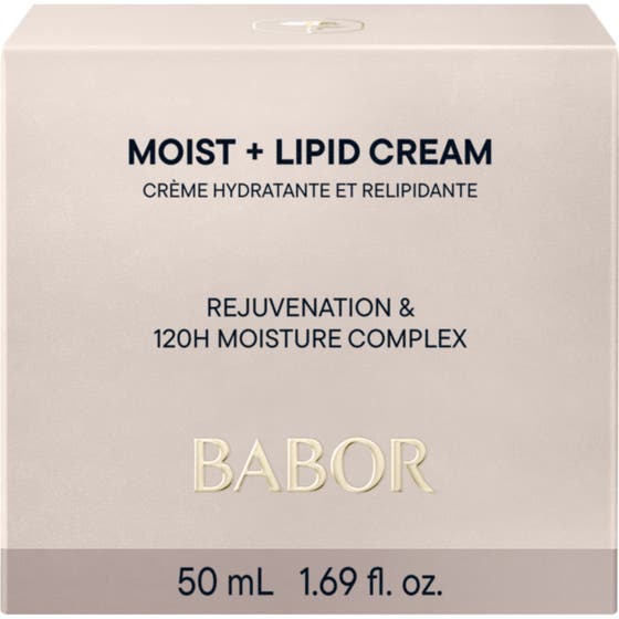 Babor Skinovage Moist + Lipid Cream 50 ml återfuktande lipidkräm i vit ytterförpackning med blå detaljer.