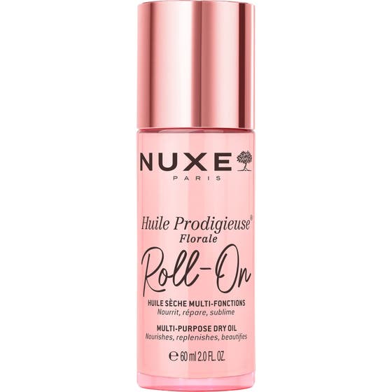 Nuxe Huile Prodigieuse Florale Roll-On 8 ml vårdande torrolja i rosa glasflaska med glänsande rosa lock.