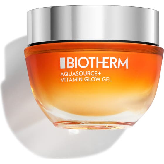 Biotherm Aquasource+ Vitamin Glow Gel 50 ml lystergivande ansiktsgel i en rund orange glasburk med silverlock.