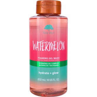 Tree Hut Watermelon Foaming Gel Wash 532 ml återfuktande duschgel i flaska med färgstark rosa och turkos etikett.
