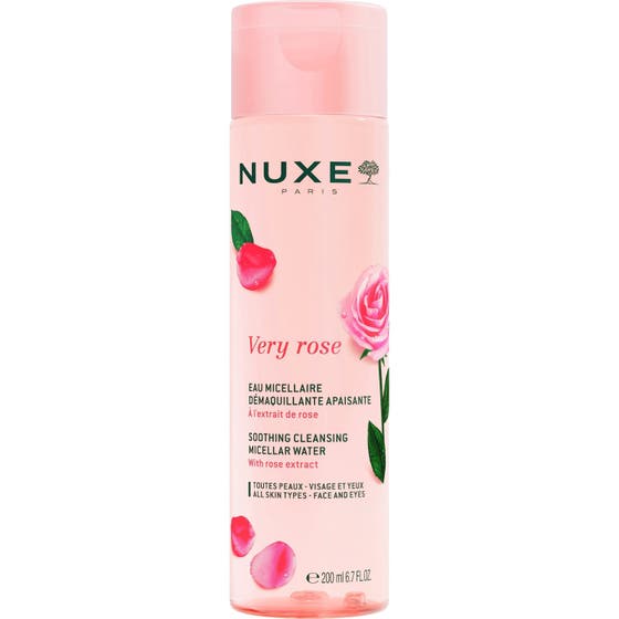 Nuxe Very Rose 200 ml micellärvatten alla hudtyper i en rosa flaska med rosenextrakt och matchande lock