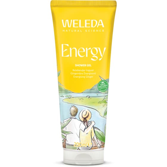 Weleda duschgel energy 200 ml aromaterapi ekologisk duschtvål i gul plasttub med cederträ som ger förnyad energi.