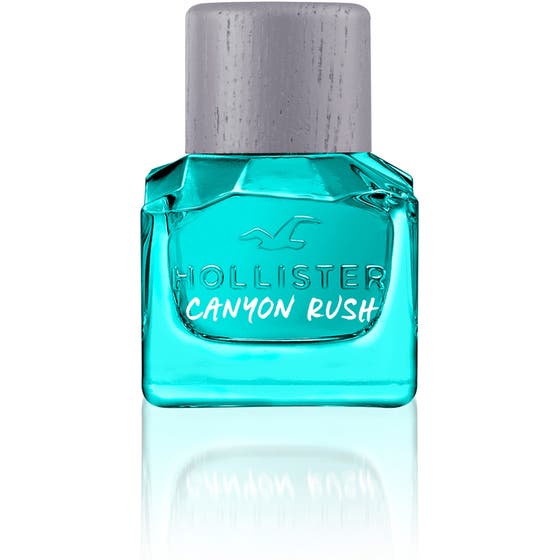 Hollister Canyon Rush Him 30 ml daglig sommar parfym herr i en turkos glasflaska med fasetterat glas och grått lock