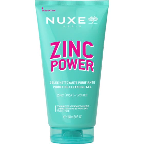 Nuxe Zinc Power 150 ml djuprengörande ansiktsrengöring i turkos plasttub med tydlig rosa text för aknebenägen hy.