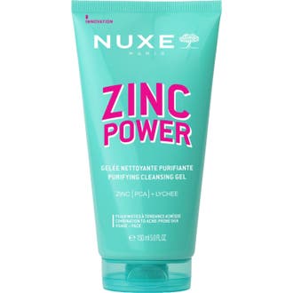 Nuxe Zinc Power 150 ml djuprengörande ansiktsrengöring i turkos plasttub med tydlig rosa text för aknebenägen hy.