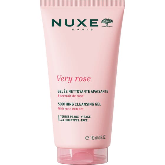 Nuxe Very Rose Soothing Cleansing Gel 150 ml lugnande ansiktsrengöring i en ljusrosa tub med transparent lock.