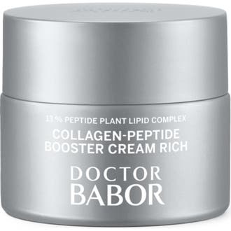 Doctor Babor Collagen-Peptide Booster Cream Rich för kollagenstöd i en lyxig silverfärgad glasburk