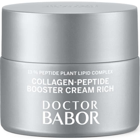 Doctor Babor Collagen-Peptide Booster Cream Rich för kollagenstöd i en lyxig silverfärgad glasburk