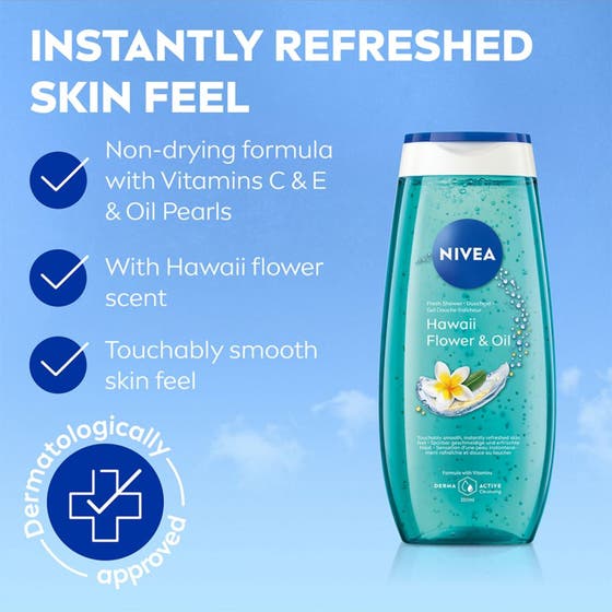 NIVEA Hawaii Flower & Oil 250 ml blomduft duschgel med vitaminer i en turkos flaska med vårdande oljepärlor